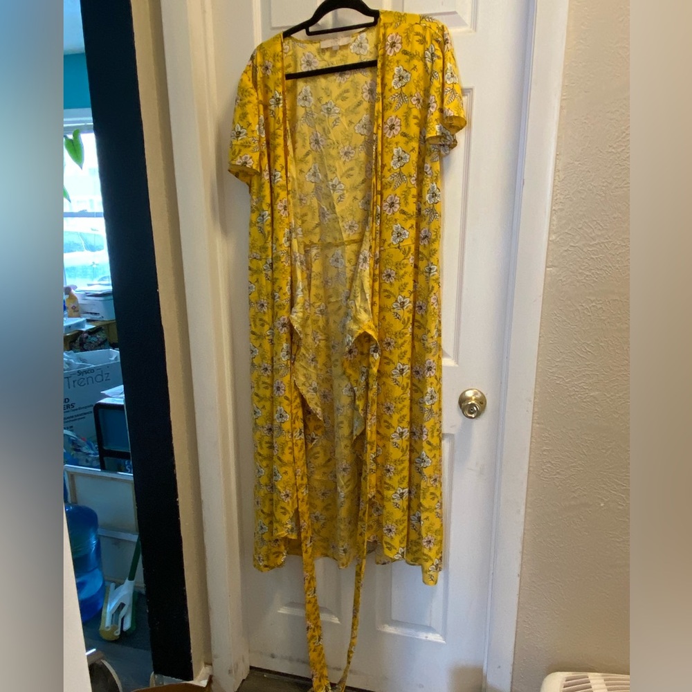 Yellow with flowers, wrap around dress, size 22, never been worn